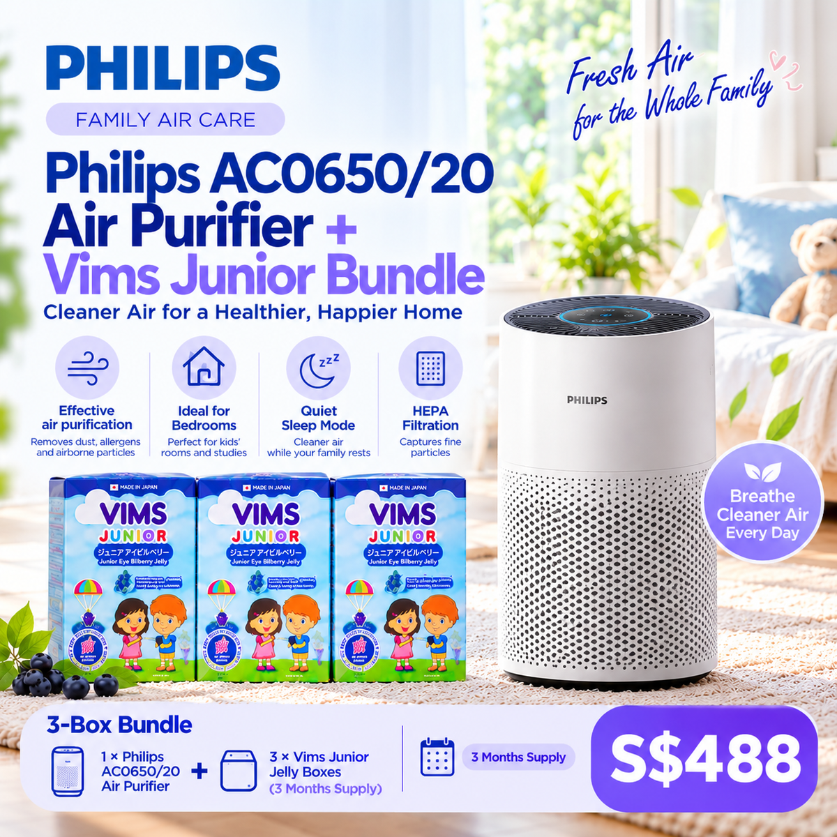 Philips AC0650/20 with 3 boxes of Vims Junior Jelly — bundle illustration