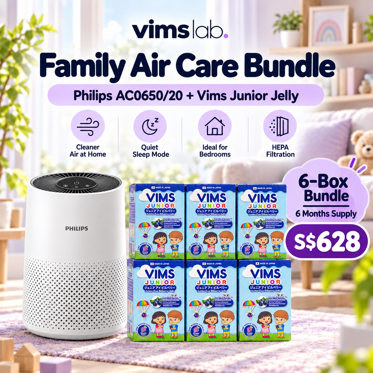 Philips AC0650/20 with 6 boxes of Vims Junior Jelly — bundle illustration