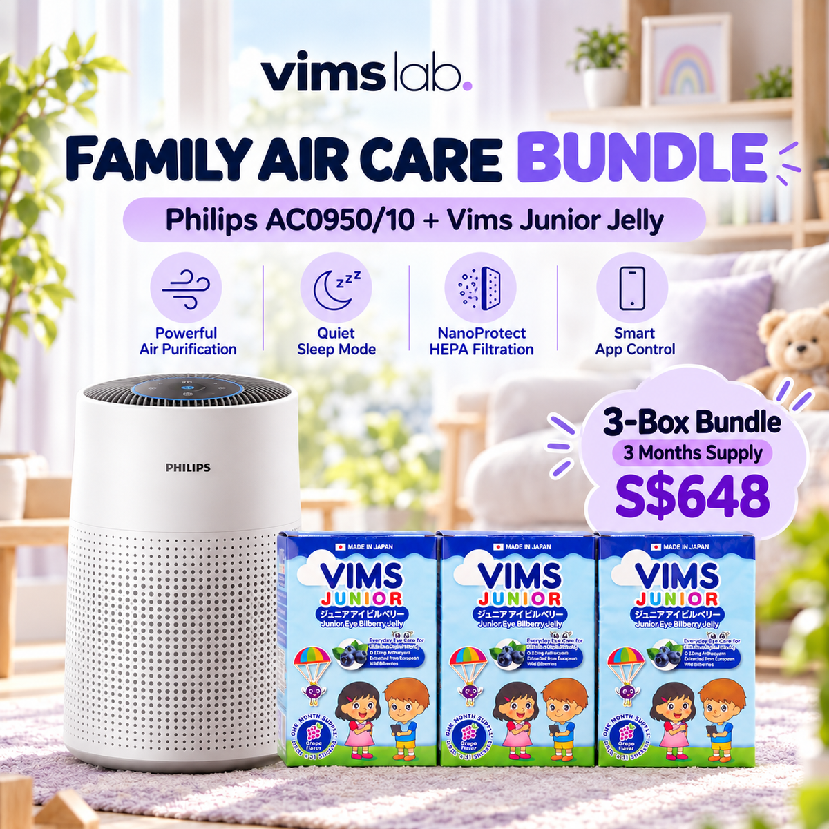 Philips AC0950/10 with 3 boxes of Vims Junior Jelly — bundle illustration