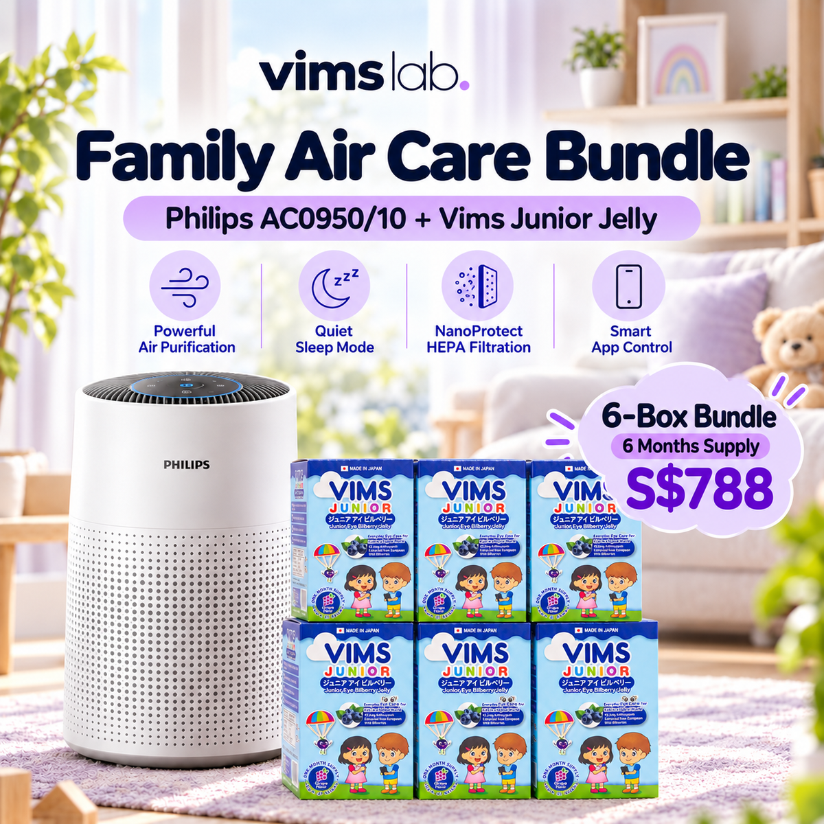 Philips AC0950/10 with 6 boxes of Vims Junior Jelly — bundle illustration